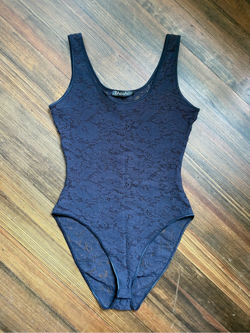 Tahari Navy Floral Lace Scoop Bodysuit
